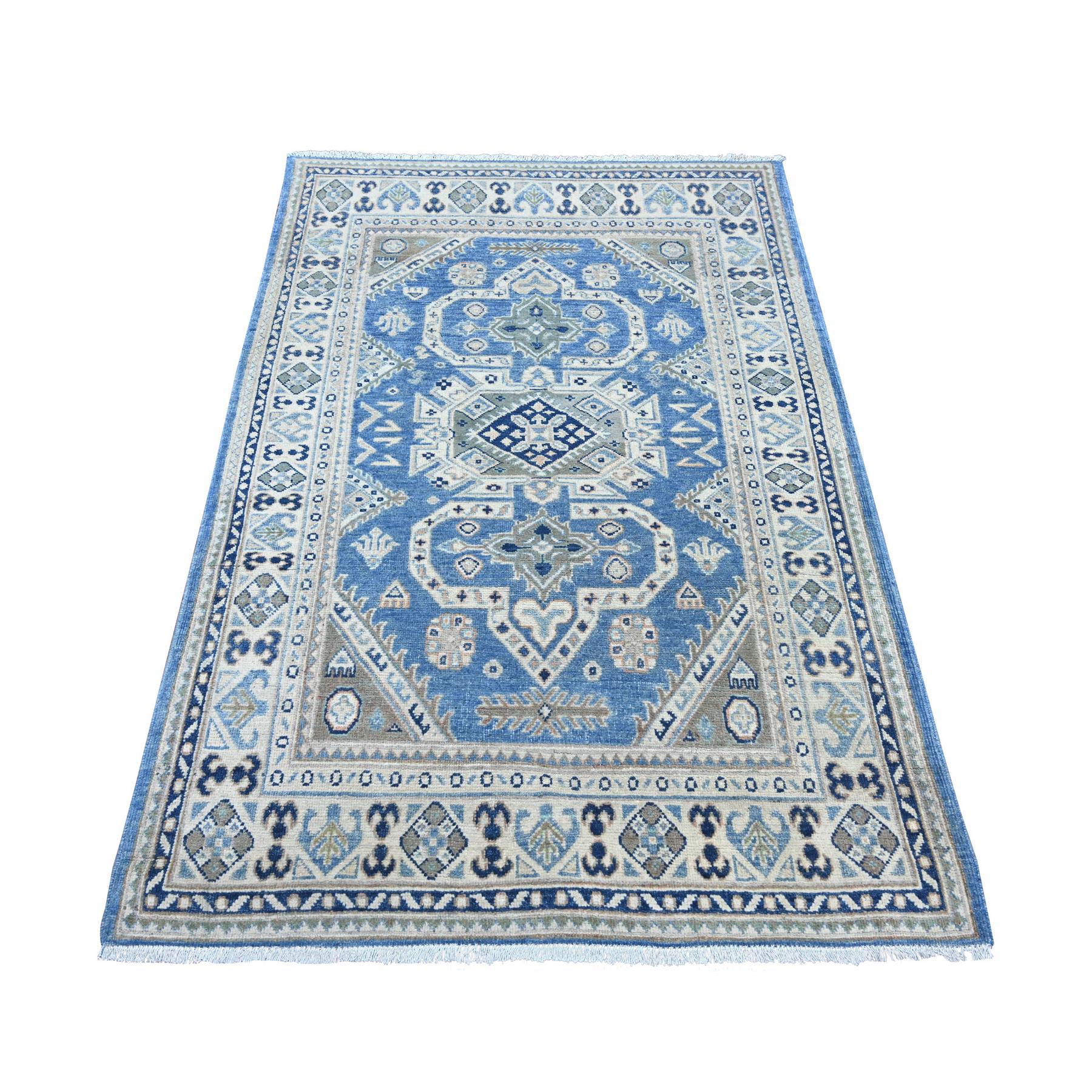 4'x5'9" Maya Blue, Vintage Look Kazak with Geometric Pattern, Hand Knotted, 100% Wool, Natural Dyes, Oriental Rug 